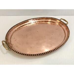 Vintage Copper Tray Brass Handle Mid Century Oval 12 In Platter Scalloped Edge